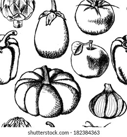 Vegetables and apple vector, sketch seamless pattern