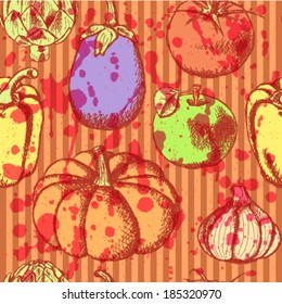 Vegetables and apple vector, sketch seamless pattern