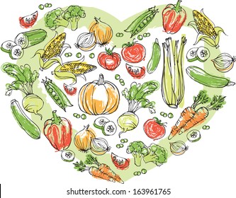 Vegetables arranged in heart shape