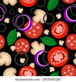 Vegetables backdrop. Vegetables seamless pattern background. Healthy food cover. Tomatoes, mushrooms, onions and lettuce. Vector illustration EPS 10