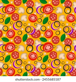 Vegetables backdrop. Vegetables seamless pattern background. Healthy food cover. Tomatoes, mushrooms, onions and lettuce. Vector illustration EPS 10