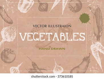 Vegetables background. Food design template. Drawing hand image vegetables, vector illustration.