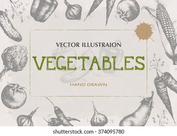 Vegetables background. Food design template. Drawing hand image vegetables, vector illustration.