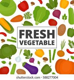 Vegetables background. Fresh vegetables pattern. Organic and healthy food. Flat style, vector illustration.