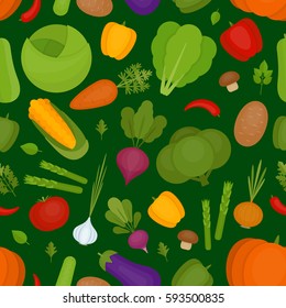 Vegetables background. Fresh vegetables pattern. Organic and healthy food. Flat style, vector illustration.