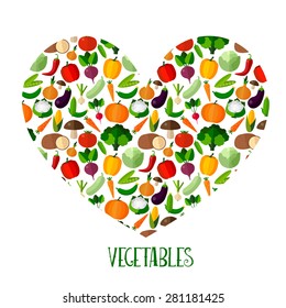 Vegetables background with heart in flat style. Colorful template for cooking, restaurant menu and vegetarian food