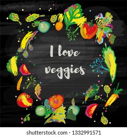 Vegetables background on the blackboard - for the vegan menu or card. Sketchy style, vector graphic illustration