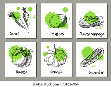 Vegetables background set. Templates for label design with hand drawn elements. Can be used for vegan products, brochures, banner, restaurant menu, farmers market and organic food 