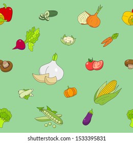 Vegetables background - Vector color seamless pattern of vegetarian food and healthy nutrition for graphic design
