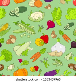 Vegetables background - Vector color seamless pattern of vegetarian food and healthy nutrition for graphic design