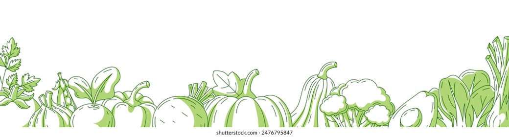 Vegetables background. Vector narrow horizontal banner, veggies line icons, border frame. Space for text. Vegan monochrome backdrop with organic eco natural products. For poster, flyer, cover