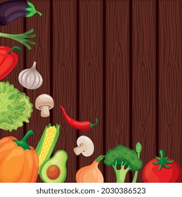 vegetables banner with blank space over wooden texture background. vector illustration