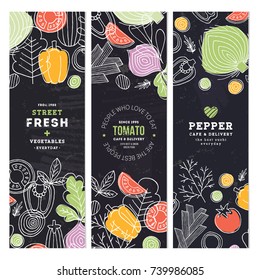 Vegetables banner collection. Linear graphic. Vegetables backgrounds. Scandinavian style. Healthy food. Vector illustration