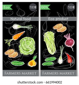 Vegetables banner. Healthy nutrition concept. Fresh vegetarian healthy food of vector chalk sketch. Eco farmer vegetables, potato, carrot, cabbage, pepper 