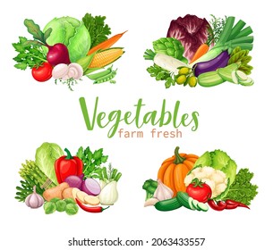 Vegetables banners. Compositions of farm product pepper, onion, celery, asparagus, artichoke, leek, corn, garlic, cucumber, cabbage and potato, vegetarian vector illustration.