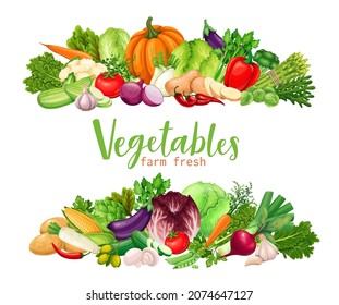 Vegetables banners. Compositions of farm product asparagus, artichoke, leek. Vegan product corn, garlic, cucumber, cabbage, pepper, onion, celery and potato, vegetarian vector illustration.