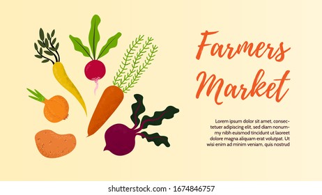 Vegetables banners of farmer market fall veggies - beetroot, carrot, parsnip with green leaves on white background, fall garden veggies