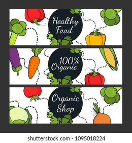 Vegetables banners of healthy veggetables. Vector farm harvest on chalkboard. Templates for label design. Can be used for vegan products, brochures, banner, menu, farmers market and organic food store