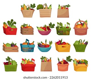 Vegetables Basket, Bag and Crate Full of Harvested Crop Big Vector Set