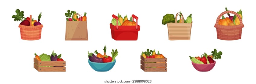 Vegetables in Basket and Bag as Fresh Harvested Crop Vector Set