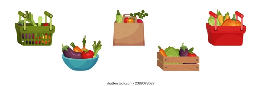 Vegetables in Basket and Bag as Fresh Harvested Crop Vector Set