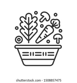 Vegetables in basket black line icon. Natural, healthy vegetarian food. Farming concept. Pictogram for web page, mobile app, promo. UI/UX/GUI design element. Editable stroke.