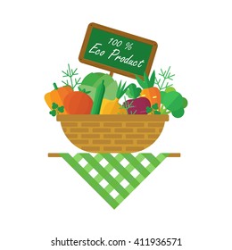 Vegetables in the basket. Farmers and gardeners agriculture concept cartoon flat vector illustration. Vegetables for a vegetarian health food. Objects isolated on a background. 