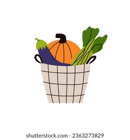 Vegetables in basket. Grocery products in eco package. Modern shopper with fresh organic healthy vegetarian food. Pumpkin and corn. Local market. Autumn harvest, cartoon flat vector illustration