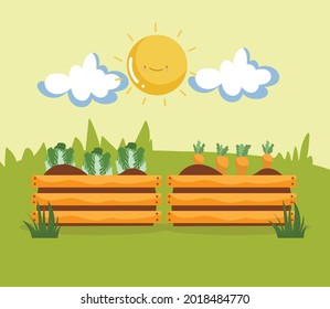 vegetables in basket on grass cartoon
