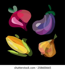 Vegetables: beet, onion, corn, eggplant. Paint style food design. Doodle background. Vector illustration.