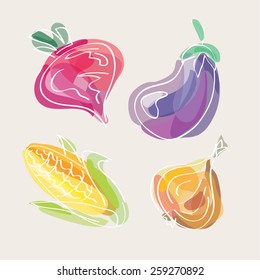 Vegetables: beet, onion, corn, eggplant. Paint style food design. Doodle background. Vector illustration.