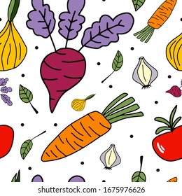 Vegetables. Beetroot, tomato, carrot, onion, garlic and leaves isolated on white background. Vector seamless pattern. Vegetarian healthy food. Vegan, farm, organic, natural illustration.