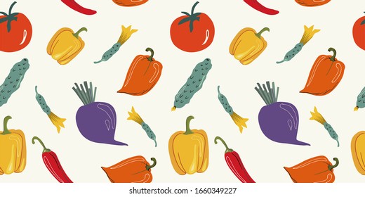 Verduras, remolacha, pepinos, pimientos y tomates, patrón geométrico sin costuras en fondo beige, vector. Alimentos saludables y saludables. Para impresión en textiles y accesorios de cocina, embalaje.