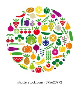 Vegetables, berries and fruits set in circle. Color vector icon.