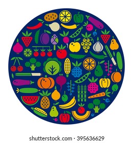 Vegetables, berries and fruits set in circle. Color vector icon.