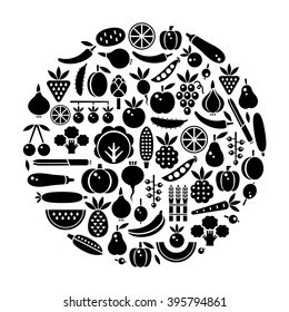 Vegetables, berries and fruits set in circle. Black and white vector icon.