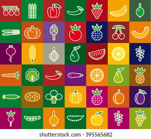 Vegetables, berries and fruits set. Color vector icon.