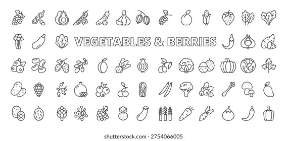 Vegetables and berries icons in line design. vegetables and berries, carrot, tomato, cucumber, strawberry, blueberry, raspberry on white background vector. Vegetables and berries editable stroke icons