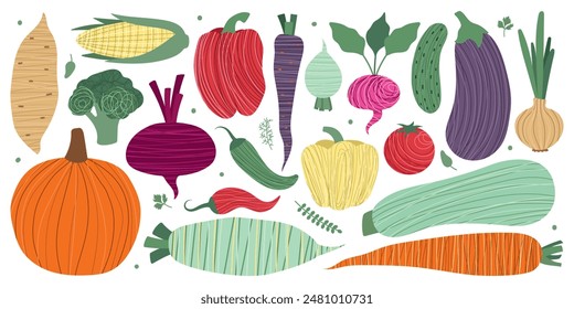 Vegetables big set. Stylized, abstract vegetables and greens. Isolated vector autumn illustration for your design