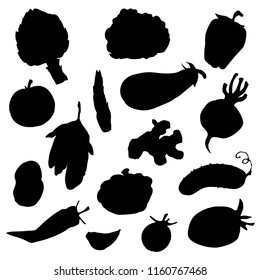 Vegetables black silhouettes. Tomato, peppers, garlic, cucumber, potatoes, asparagus, cauliflower, patisson, artichoke, eggplant, beet, ginger, leaves. Isolated on white background