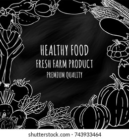 Vegetables black and white blackboard background for design. Farm organic banner. Healthy food.