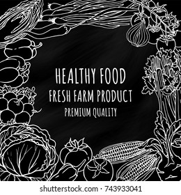 Vegetables black and white chalkboard background for design. Farm organic banner. Healthy food.