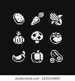 Verduras, emoticonos negros y blancos, juegos de iconos de 1 bit con arte de píxeles, papa, zanahoria, maíz, cebolla, setas, pimienta roja y pepino. Diseño para logotipo, sticker y aplicación móvil. Ilustración vectorial aislada.