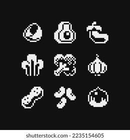 Vegetables, black and white emoji, pixel art 1-bit coconut, avocado, eggplant, leafy green, broccoli, cashew, beans and nut. Design for logo, sticker and mobile app. Isolated vector illustration.