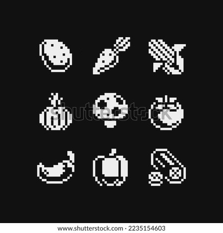 Vegetables, black and white emoji, pixel art 1-bit icons set, potato, carrot, corn, onion, mushroom, red pepper and cucumber. Design for logo, sticker and mobile app. Isolated vector illustration.