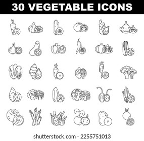 Vegetables black and white icons set. Simple line symbol of fresh veggies with a half part. Organic nutritions. Flat vector illustration