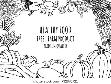 Vegetables black and white template. Sketchy vector concepts with healthy food for graphic design, web banner, coloring book, printed materials.
