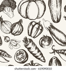 Vegetables - black and white vector hand drawn seamless pattern. Realistic broccoli, pumpkin, radish, onion, tomato, eggplant, pepper, cucumber, carrot, pea.