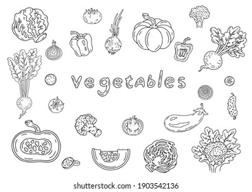 Ilustración vectorial en blanco y negro y letras de verduras.