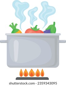 Hortalizas hierven en la olla de cocina en la estufa. Icono de cocina aislado en fondo blanco